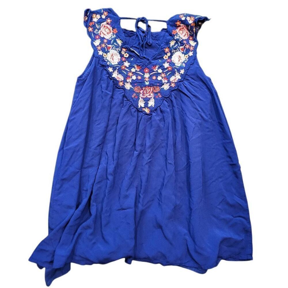 Altar'd State Dress Women's Small Blue Royal Embroidered Babydoll Rose Mini Boho